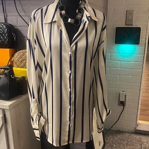 Striped Button-Down Shirt in Navy and Cream